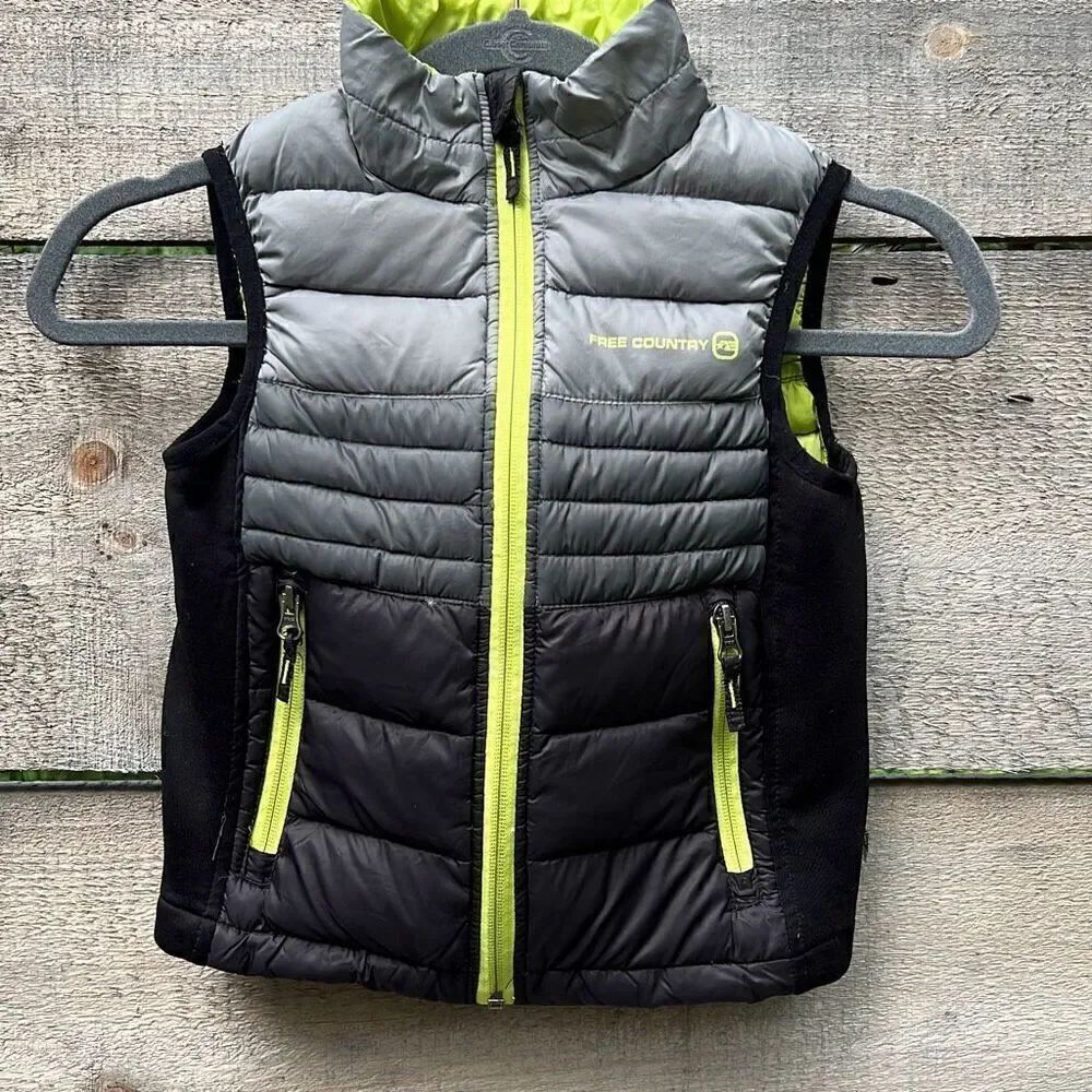 Free Country Kid's Black Green Power Zipper Down Feather Down Puffer Vest XS
